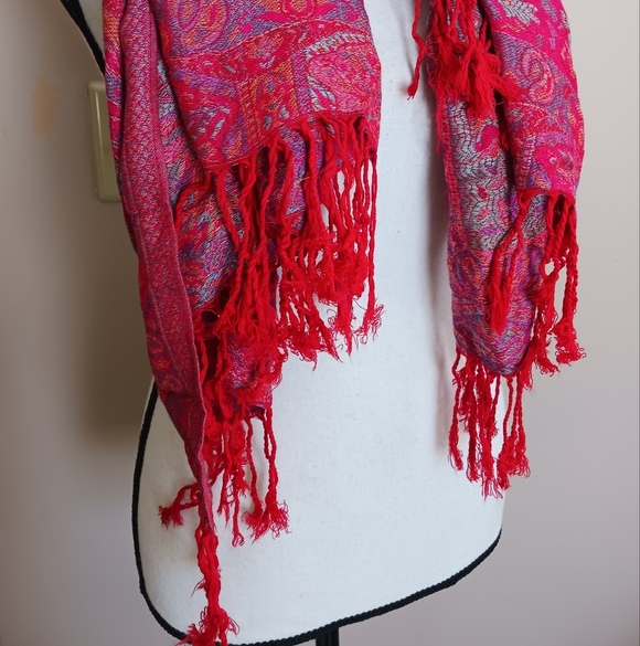 Red Paisley Bohemian Festival Fringe Scarf Shawl 27"X59" - Picture 4 of 10